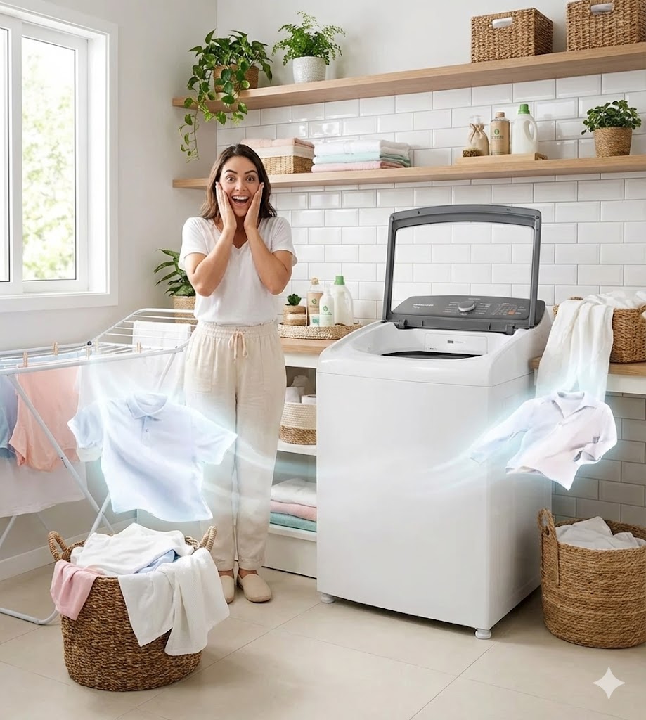 Mulher sorridente com sua nova maquina de lavar brastemp BWK13AB